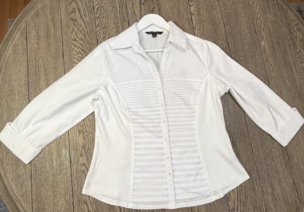 Zac & Rachel Women's 3/4 Cuff Sleeve Button Down Blouse White Tuxedo Shirt PXL